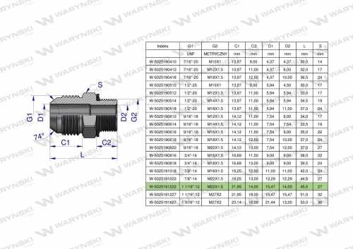 Zdjęcie główne produktu: Przyłączka hydrauliczna BB 1 1/16"UNF (JIC) x M22x1.5 (XGE) Waryński ( sprzedawane po 2 )