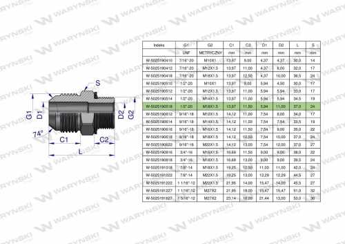 Zdjęcie główne produktu: Przyłączka hydrauliczna BB 1/2"UNF (JIC) x M18x1.5 (XGE) Waryński ( sprzedawane po 2 )