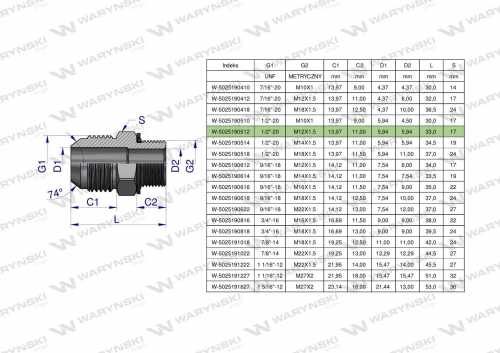 Zdjęcie główne produktu: Przyłączka hydrauliczna BB 1/2"UNF (JIC) x M12x1.5 (XGE) Waryński ( sprzedawane po 2 )