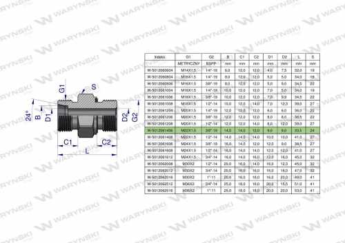 Zdjęcie główne produktu: Przyłączka hydrauliczna (odmiana ciężka XGE) BB M22x1.5 14S x 3/8" BSP ED Waryński ( sprzedawane po 5 )