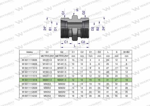 Zdjęcie główne produktu: Złączka hydrauliczna metryczna BB M26x1.5 18L (XG) Waryński ( sprzedawane po 5 )