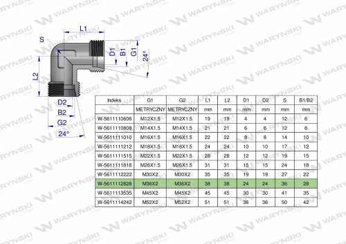 Zdjęcie główne produktu: Kolanko hydrauliczne metryczne BB M36x2 28L (XW) Waryński