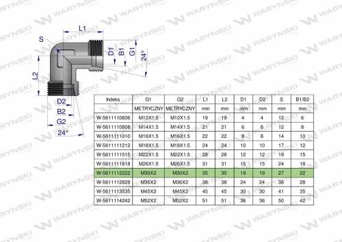 Zdjęcie główne produktu: Kolanko hydrauliczne metryczne BB M30x2 22L (XW) Waryński