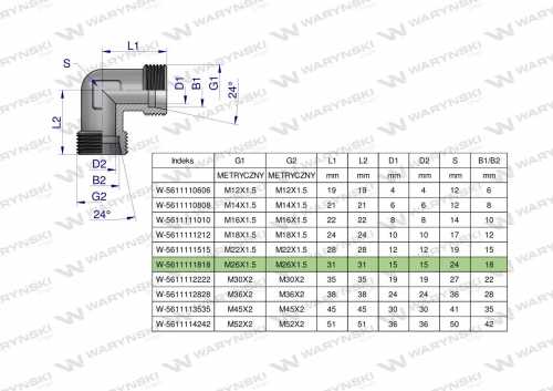 Zdjęcie główne produktu: Kolanko hydrauliczne metryczne BB M26x1.5 18L (XW) Waryński