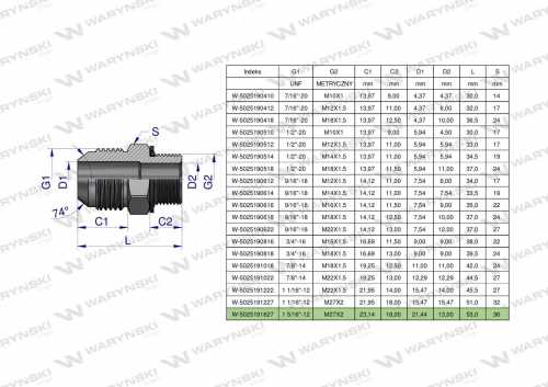 Zdjęcie główne produktu: Przyłączka hydrauliczna BB 1 5/16"UNF (JIC) x M27x2 (XGE) Waryński ( sprzedawane po 2 )
