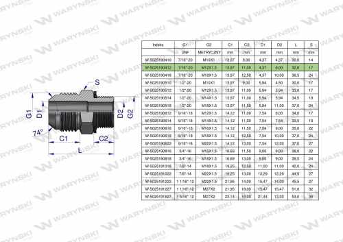 Zdjęcie główne produktu: Przyłączka hydrauliczna BB 7/16"UNF (JIC) x M12x1.5 (XGE) Waryński ( sprzedawane po 2 )