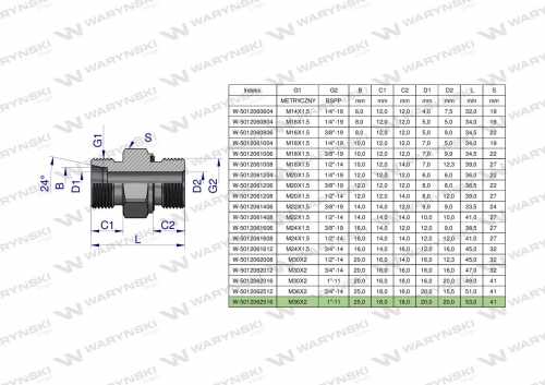 Zdjęcie główne produktu: Przyłączka hydrauliczna (odmiana ciężka XGE) BB M36x2 25S x 1" BSP ED Waryński ( sprzedawane po 2 )