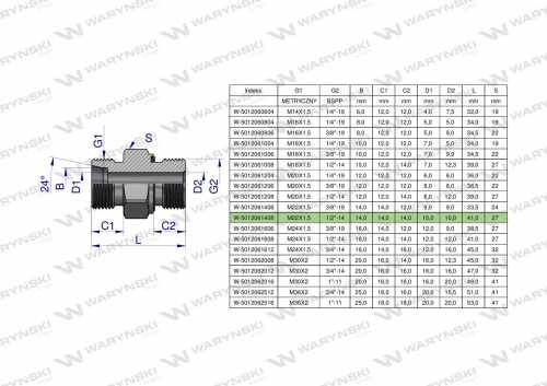 Zdjęcie główne produktu: Przyłączka hydrauliczna (odmiana ciężka XGE) BB M22x1.5 14S x 1/2" BSP ED Waryński ( sprzedawane po 5 )