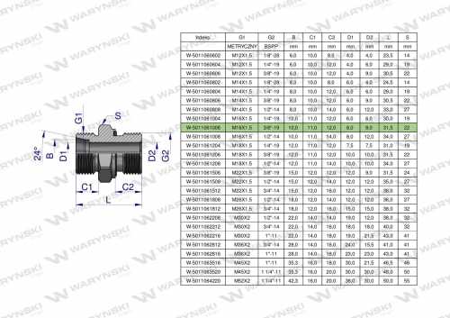 Zdjęcie główne produktu: Przyłączka hydrauliczna BB (XGE) M16x1.5 10L x 3/8" BSP ED Waryński ( sprzedawane po 10 )