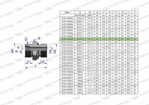 Zdjęcie główne produktu: Przyłączka hydrauliczna BB (XGE) M16x1.5 10L x 1/4" BSP ED Waryński ( sprzedawane po 5 )