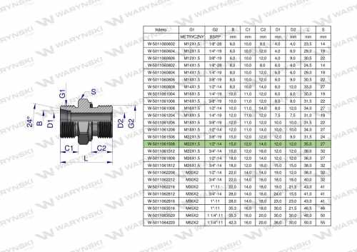 Zdjęcie główne produktu: Przyłączka hydrauliczna BB (XGE) M22x1.5 15L x 1/2" BSP ED Waryński ( sprzedawane po 10 )