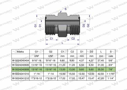 Zdjęcie główne produktu: Złączka hydrauliczna calowa BB 13/16" ORFS (UNF) Waryński ( sprzedawane po 2 )