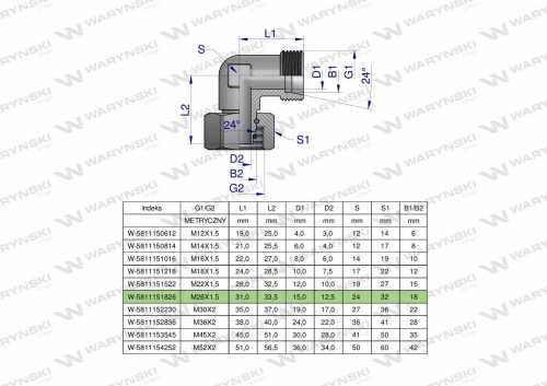 Zdjęcie główne produktu: Kolanko hydrauliczne metryczne AB M26x1.5 18L (XEVW) Waryński