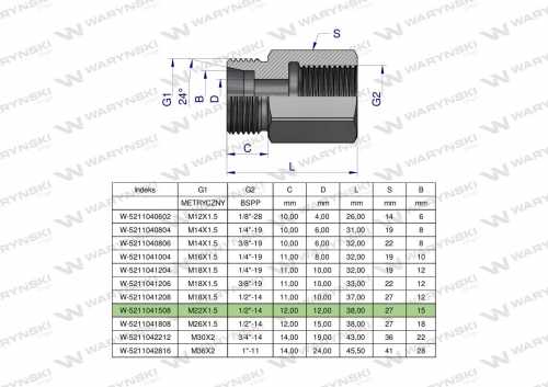 Zdjęcie główne produktu: Tulejka różnicowa hydrauliczna AB M22x1.5 15L GZ x 1/2" BSP Waryński ( sprzedawane po 2 )