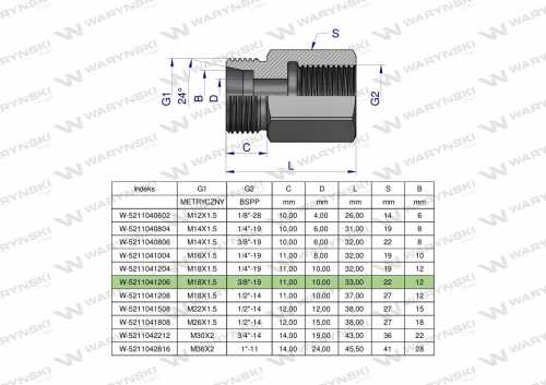 Zdjęcie główne produktu: Tulejka różnicowa hydrauliczna AB M18x1.5 12L GZ x 3/8" BSP Waryński ( sprzedawane po 2 )