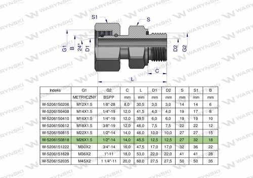 Zdjęcie główne produktu: Przyłączka hydrauliczna AB (EVGE) M26x1.5 18L x 1/2" BSP ED Waryński