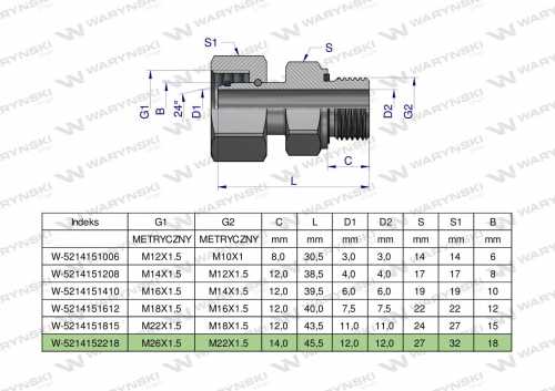 Zdjęcie główne produktu: Przyłączka hydrauliczna metryczna AB (EVGE) M26x1.5 18L x M22x1.5 ED Waryński ( sprzedawane po 2 )
