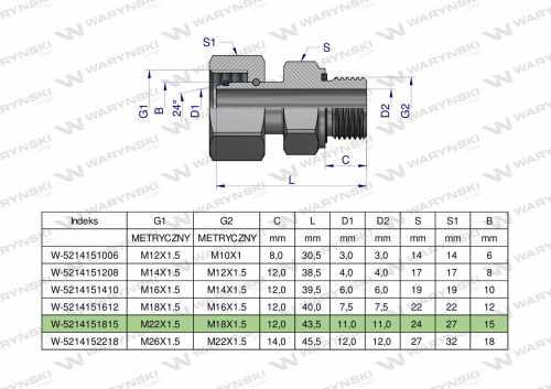 Zdjęcie główne produktu: Przyłączka hydrauliczna metryczna AB (EVGE) M22x1.5 15L x M18x1.5 ED Waryński ( sprzedawane po 2 )