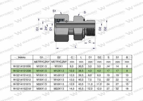 Zdjęcie główne produktu: Przyłączka hydrauliczna metryczna AB (EVGE) M14x1.5 08L x M12x1.5 ED Waryński ( sprzedawane po 2 )