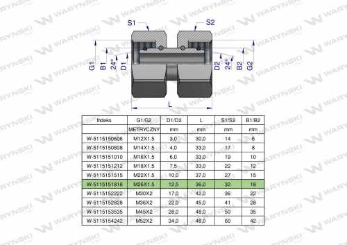 Zdjęcie główne produktu: Złączka hydrauliczna metryczna AA M26x2.5 18L Waryński