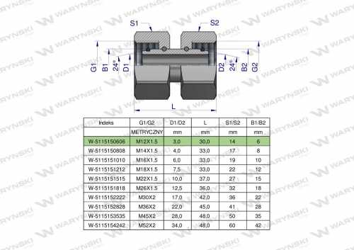 Zdjęcie główne produktu: Złączka hydrauliczna metryczna AA M12x1.5 06L Waryński ( sprzedawane po 5 )