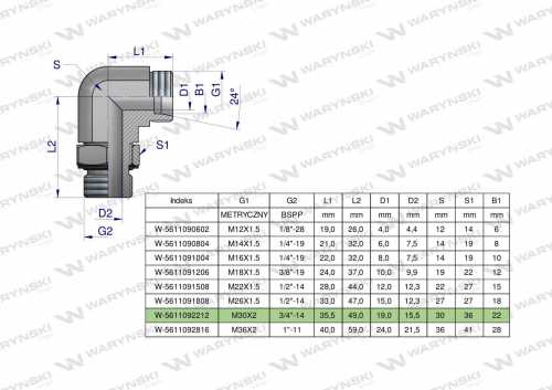 Zdjęcie główne produktu: Kolanko hydrauliczne nastawne BB M30x2 22L x 3/4"BSP z regulacją Waryński
