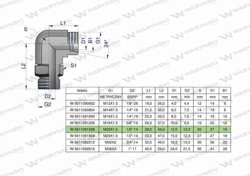 Zdjęcie główne produktu: Kolanko hydrauliczne nastawne BB M22x1.5 15L x 1/2"BSP z regulacją Waryński ( sprzedawane po 2 )