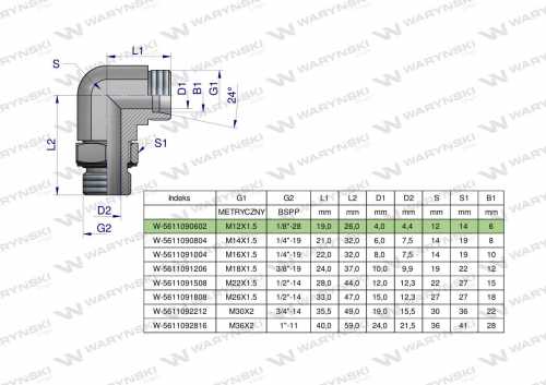 Zdjęcie główne produktu: Kolanko hydrauliczne nastawne BB M12x1.5 06L x 1/8" BSP z regulacją Waryński