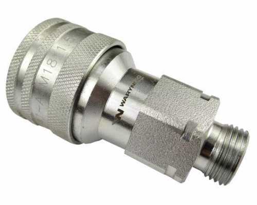 Zdjęcie główne produktu: Szybkozłącze hydrauliczne gniazdo M18x1.5 gwint zewnętrzny EURO (9100818G) (ISO 7241-A) Waryński (opakowanie 50szt)