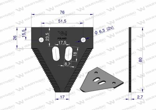 Zdjęcie główne produktu: Nóż żniwny 80x76x2.7mm otwór 6.5 zastosowanie 1096606 420100046 Schumacher WARYŃSKI ( sprzedawane po 25 )