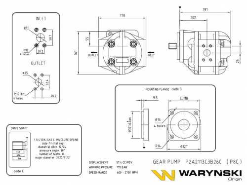 Zdjęcie główne produktu: Pompa zębata P-8C P2A2113C3B26C (obroty - prawe) Waryński