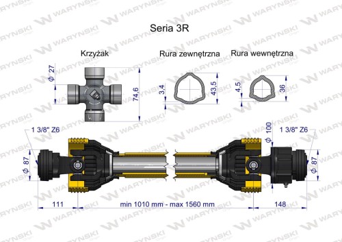 Zdjęcie główne produktu: Wał przegubowo-teleskopowy 1010-1560mm 460Nm sprzęgło jednokierunkowe CE 2020 seria 3R WARYŃSKI