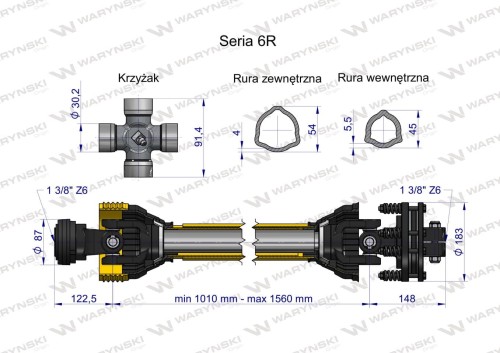 Zdjęcie główne produktu: Wał przegubowo-teleskopowy 1010-1560mm 830Nm sprzęgło cierne 1200Nm CE 2020 seria 6R WARYŃSKI