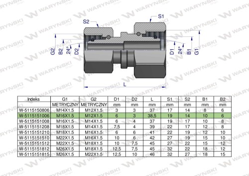 Zdjęcie główne produktu: Złączka hydrauliczna metryczna AA M16x1.5 10L x M12x1.5 06L Waryński ( sprzedawane po 2 )