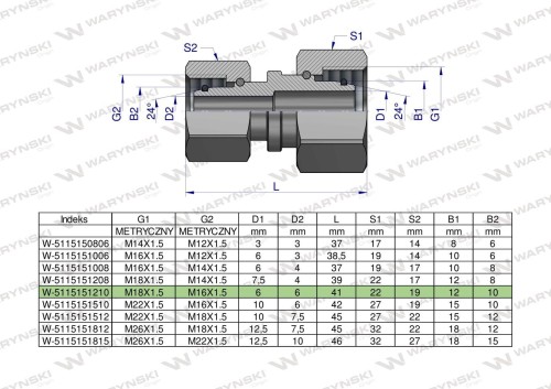 Zdjęcie główne produktu: Złączka hydrauliczna metryczna AA M18x1.5 12L x M16x1.5 10L Waryński ( sprzedawane po 5 )