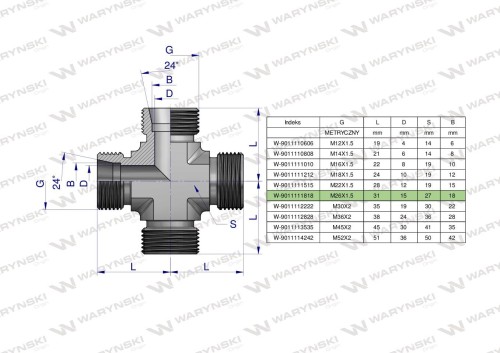Zdjęcie główne produktu: Czwórnik hydrauliczny metryczny BBBB M26x1.5 18L Waryński