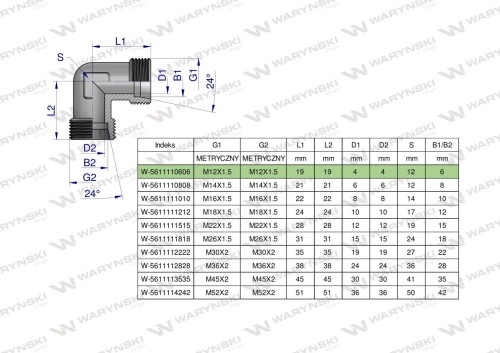 Zdjęcie główne produktu: Kolanko hydrauliczne metryczne BB M12x1.5 06L (XW) Waryński ( sprzedawane po 5 )