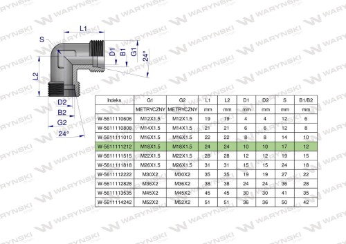 Zdjęcie główne produktu: Kolanko hydrauliczne metryczne BB M18x1.5 12L (XW) Waryński ( sprzedawane po 5 )