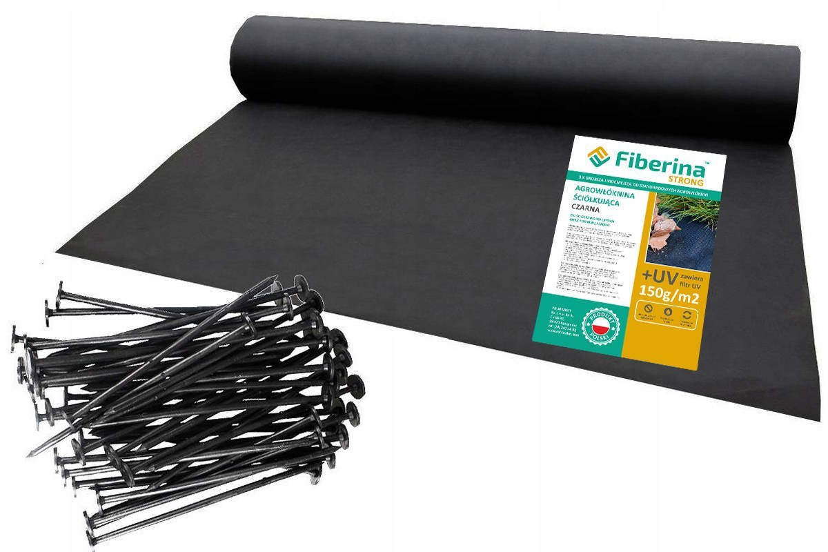 Zdjęcie główne produktu: Polska agrowłóknina czarna Fiberina Strong 0,8x50m 150g + szpilki mocujące 19cm 50szt