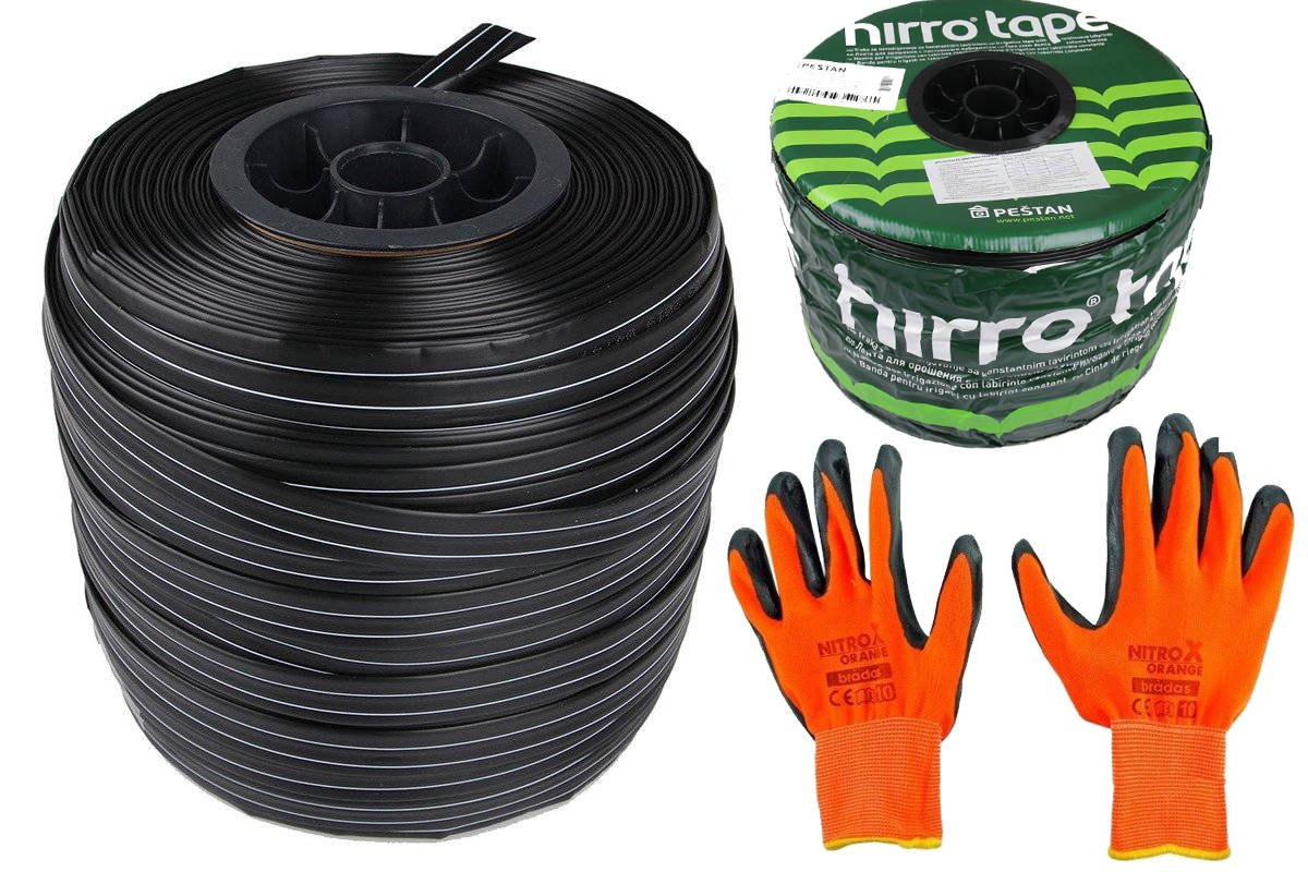 Zdjęcie główne produktu: Taśma kroplująca Hirro Tape do nawadniania upraw 10cm 500m + rękawice ochronne Nitrox