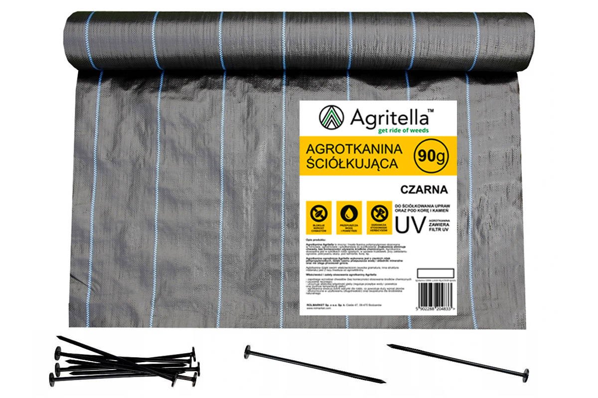 Zdjęcie główne produktu: Agrotkanina czarna Agritella 0,4x50m 90g + szpilki mocujące 19cm 50szt