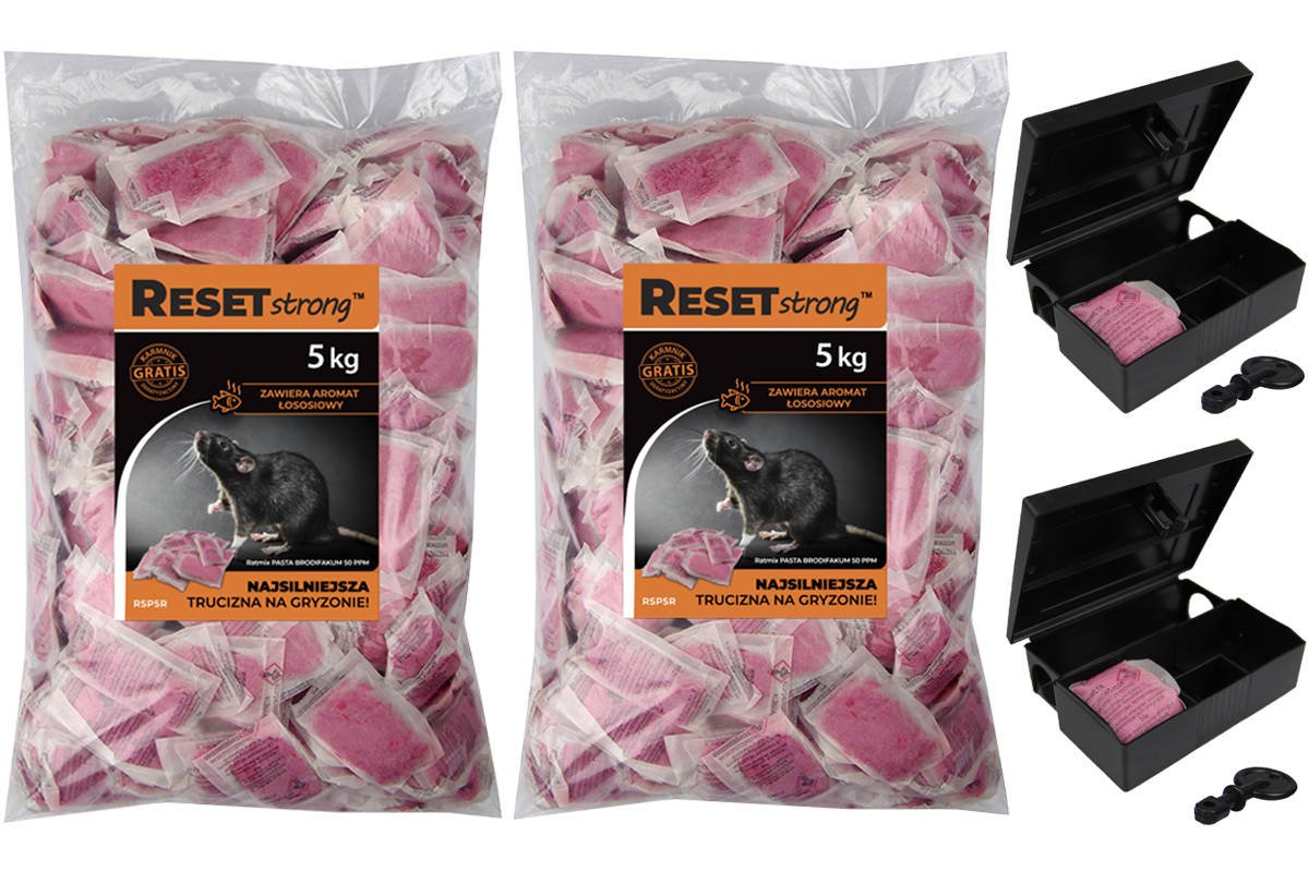Zdjęcie główne produktu: Bardzo mocna trutka na myszy i szczury Reset Strong pasta 10kg + 2 karmniki deratyzacyjne z kluczykami