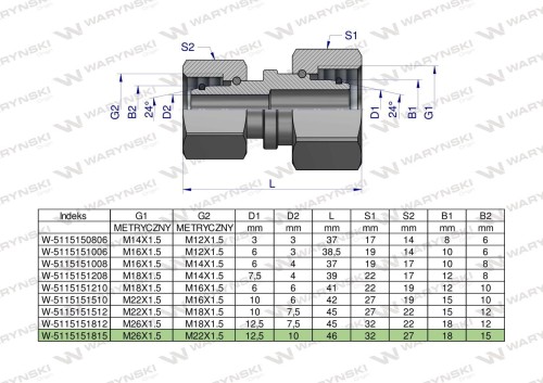 Zdjęcie główne produktu: Złączka hydrauliczna metryczna AA M26x1.5 18L x M22x1.5 15L Waryński